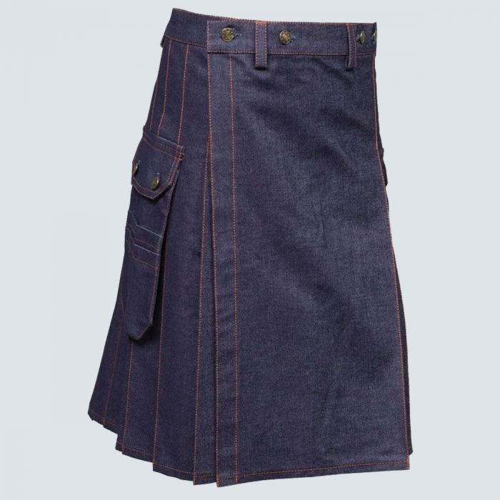 Blue Denim Kilt With Red Thread