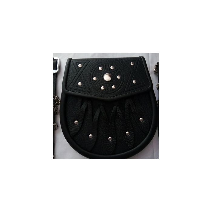 Brand New Celticc Design Black Leather Sporran with S-Chain Kilt & Belt Bagpipe