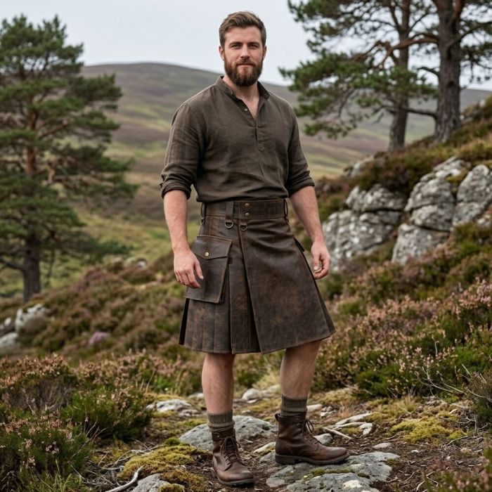 Brown Leather Utility Kilt for Men – Vintage Scottish Style Kilt with Cargo Pocket 