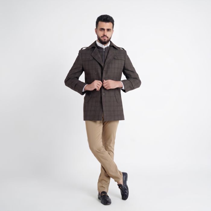 Double Breasted Tweed Jacket – Coffee Brown Windowpane