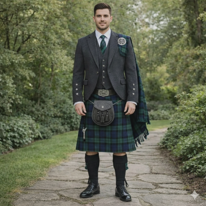 Scottish Tartan Kilt Outfit with Charcoal Argyll Jacket