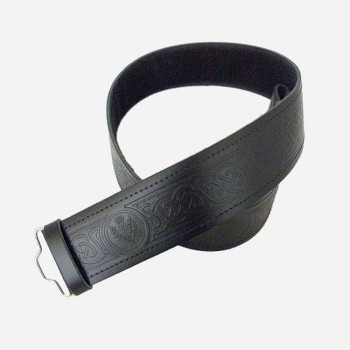 High Quality Embossed Leather Scottish Highland Kilt Belt with Celtic Buckle