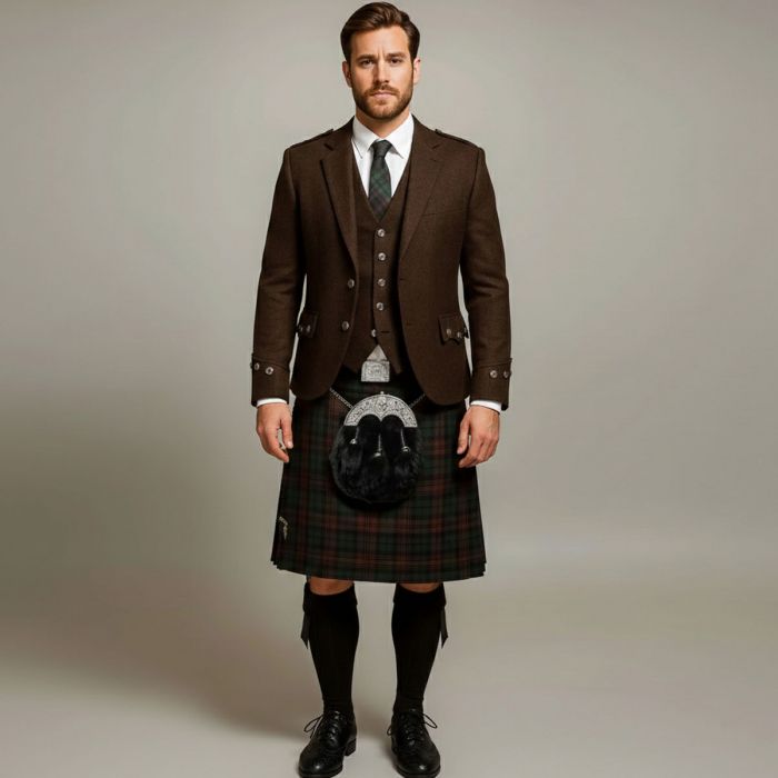 Brown Watch Tartan Kilt Outfit With Argyl Jacket