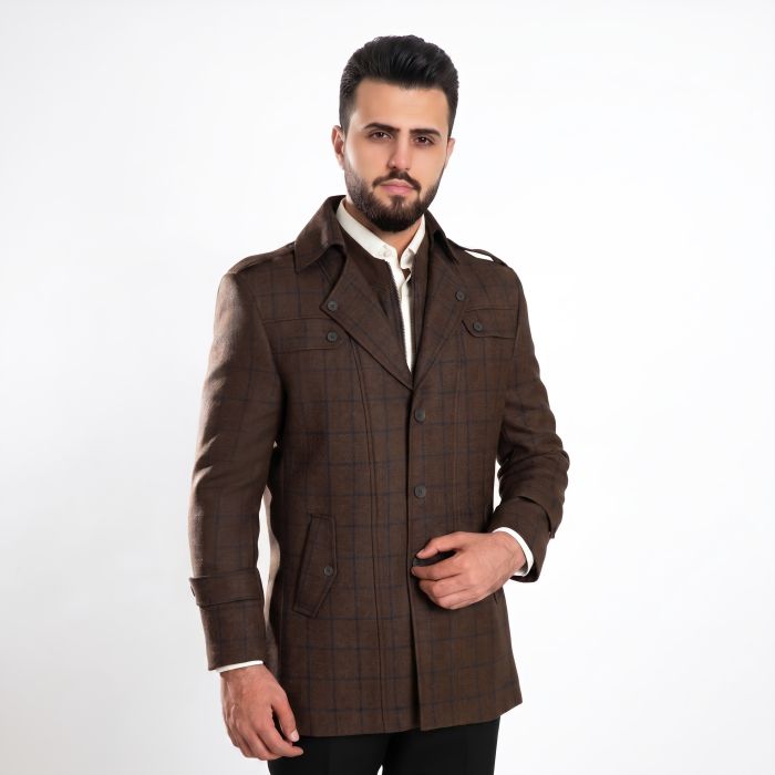Men's Brown Windowpane Worsted Tweed Double Jacket
