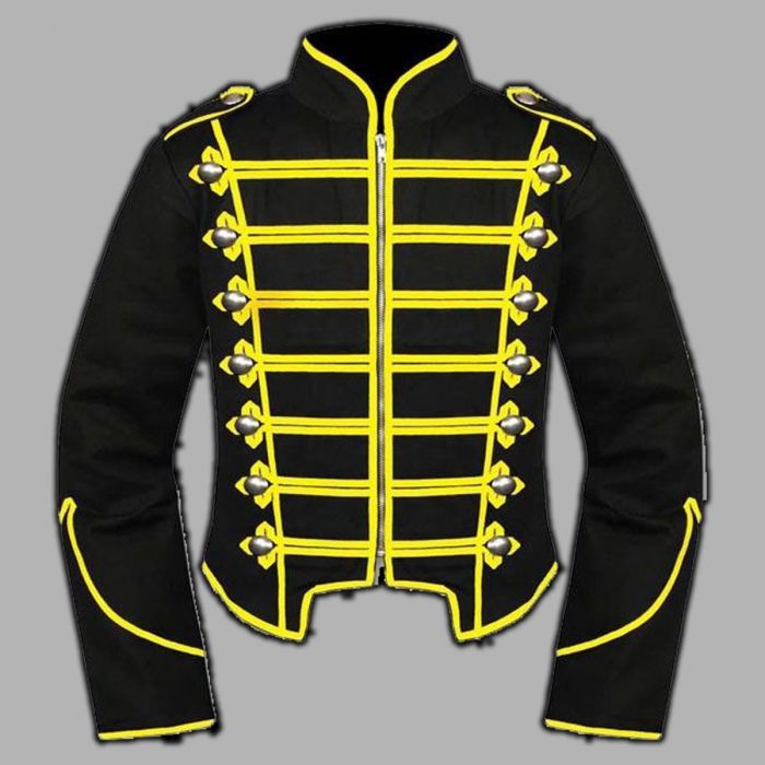 Mens Black Yellow Military Drummer Jacket,Mens Gothic style military coat
