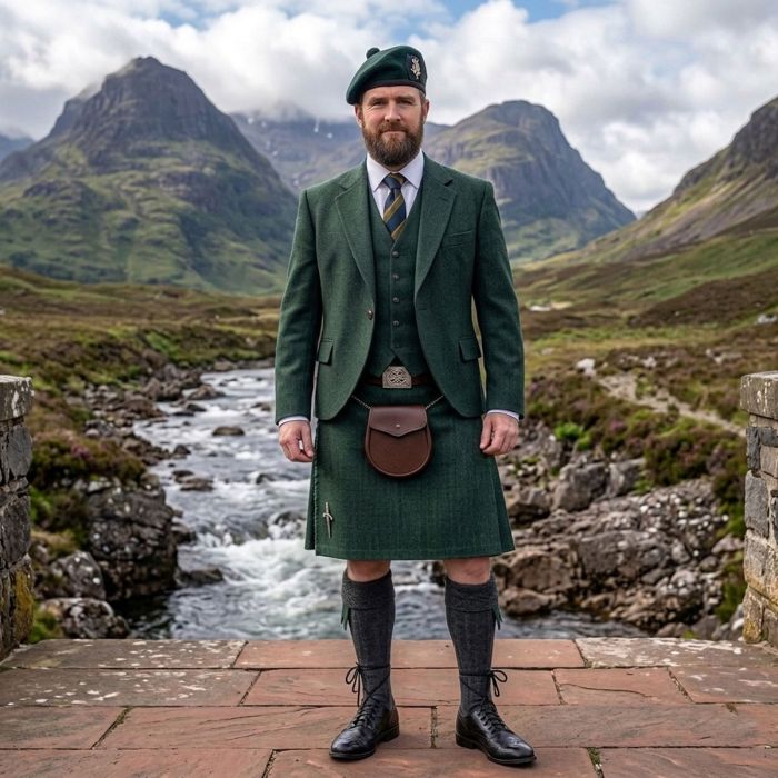 Lovat Green Argyll Jacket With Tartan Kilt Outfit