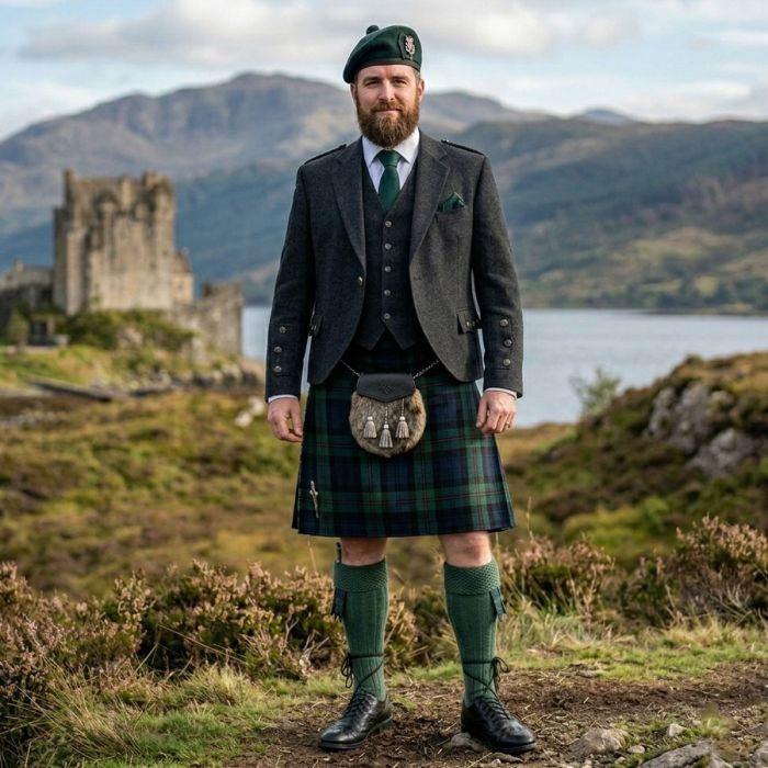 Charcoal Grey Argyll Jacket Tartan Kilt Outfit