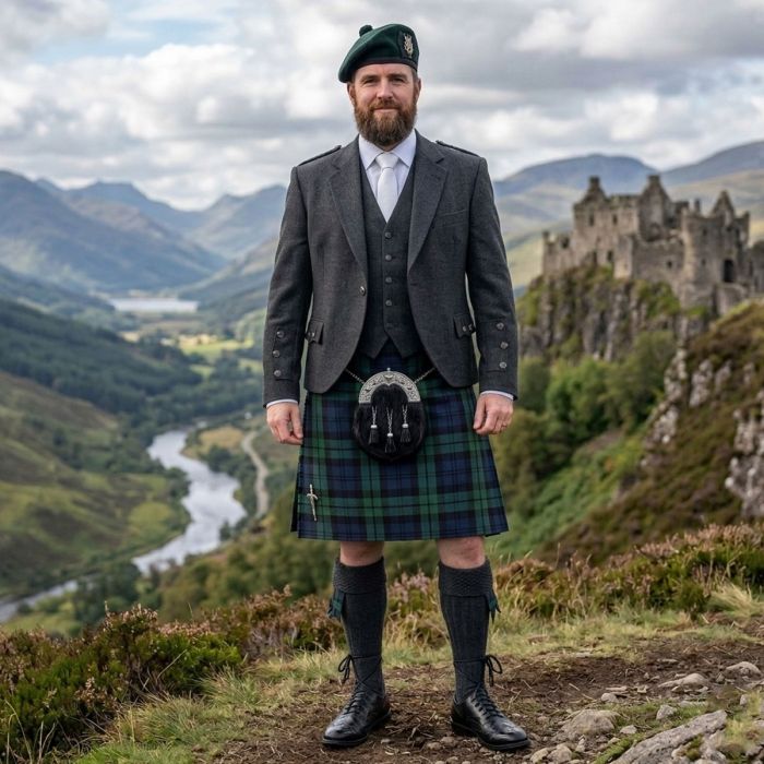 Black Watch Tartan Kilt Outfit With Argyll Jacket