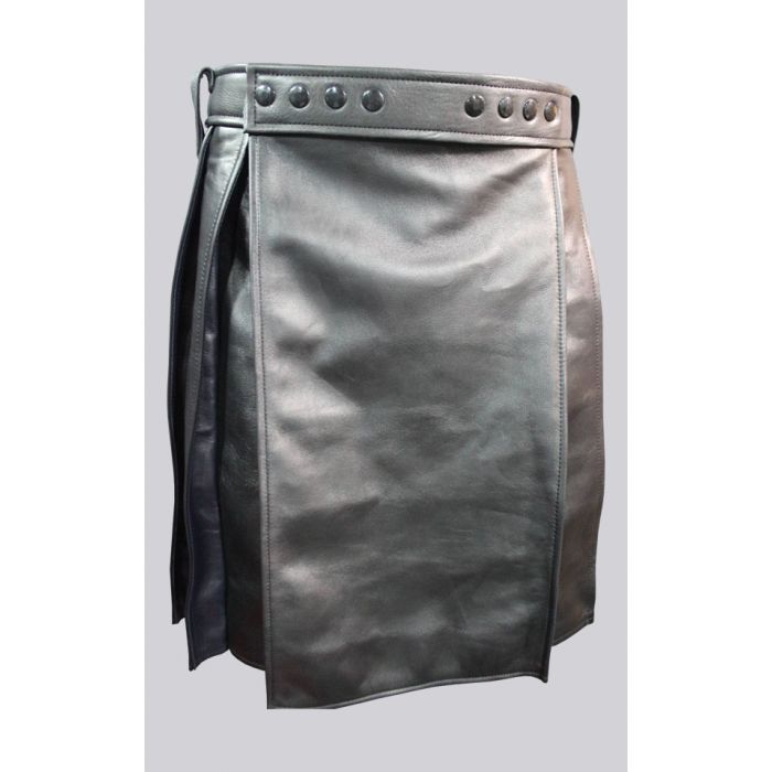 Pleated Black Leather Kilt with Navy Highlights