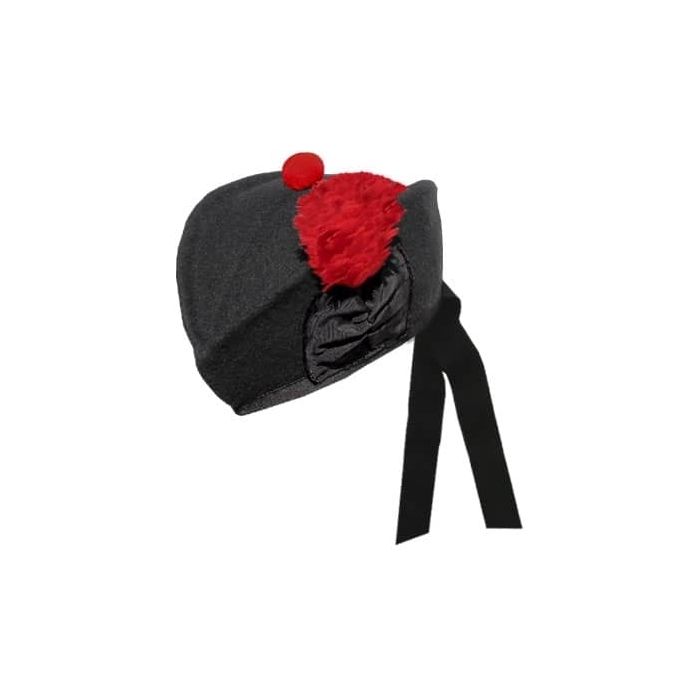 Plain Black Scottish Glengarry Cap with Red Pop Pom