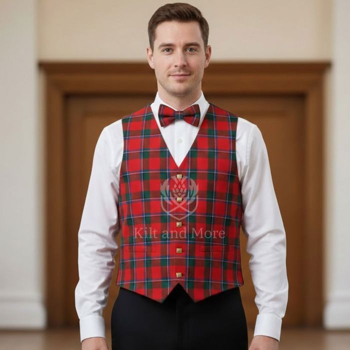 Sinclair Red Modern Tartan Waistcoat With Bow Tie