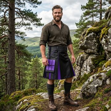 Black & Purple Leather Utility Kilt for Men 