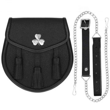 Black Leather Sporran  With Shamrock flower Badge