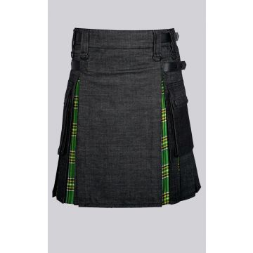 Black Denim Irish Tartan Scottish Utility Cargo Hybrid Kilt