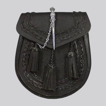 Black Leather Braided Sporran - Thistle Pin Lock