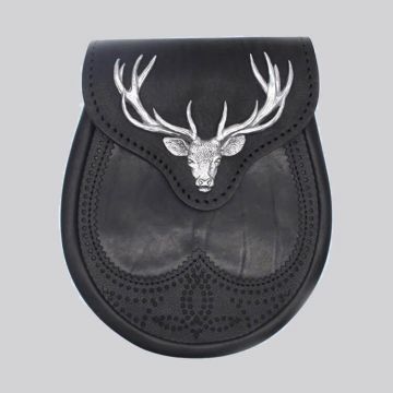 Black Stag Head Leather Sporran