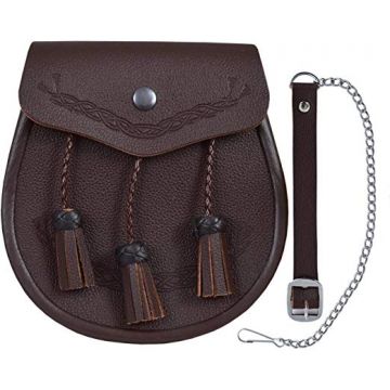 Brown Embossed Celtic Classic Leather Kilt Sporran Free Chain Strap