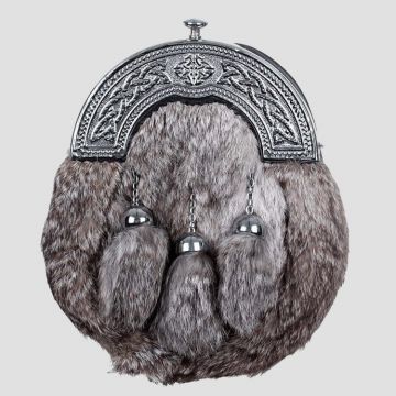Chrome Plain Celtic Cantle Sporran  Grey Rabbit Fur