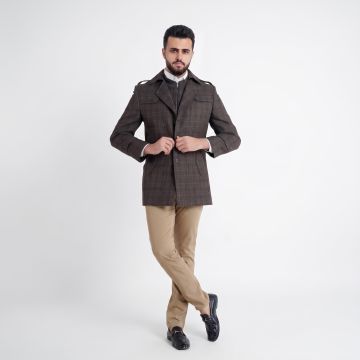 Double Breasted Tweed Jacket – Coffee Brown Windowpane