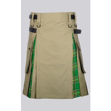 Khaki Cotton Irish Tartan Scottish Utility Cargo Hybrid Kilt