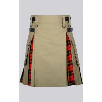 Khaki Cotton Wallace Tartan Scottish Utility Cargo Hybrid Kilt