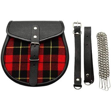 Red And Black Plaid Scottish Celtic Highlander Sporran with Chain and Belt