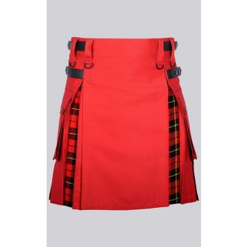 Red Cotton Wallace Tartan Scottish Utility Cargo Hybrid Kilt