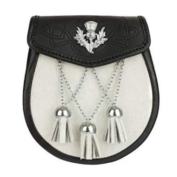 Semi Dress Sporran Black Embossed Leather & White Cowhide Thistle Emblem 