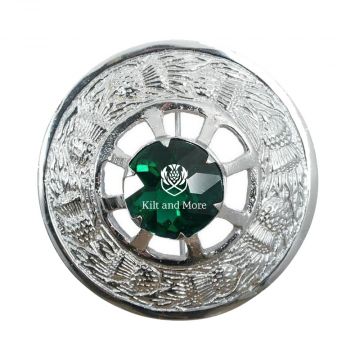 Thistle Design and Green Stone Brooch - Chrome Finish