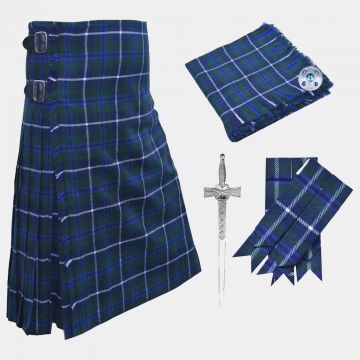 Scottish Handmade Blue Douglas Tartan, 8 Yard Kilt Set 