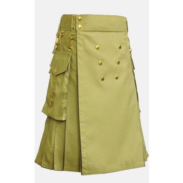 Khaki Utility Kilt With Gold Button