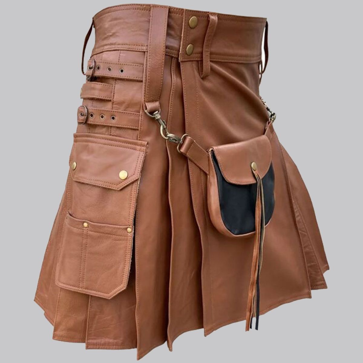 Chocolate Brown Men's Leather Straps Utility Kilt - Adjustable Size 34, Cargo Pockets, 100% Cotton - View #11