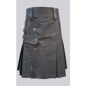 Black Denim Leather Strip Kilt For Men