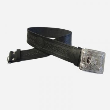 Black Leather Adjustable Kilt Belt with Celtic Buckle