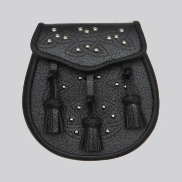 Black Leather Celtic Embossed Studded Leather Sporran