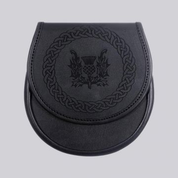 Black Leather Etched Sporran - Thistle Design