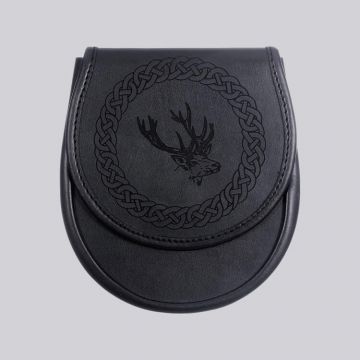 Black Leather Etched Sporran - Stag Design