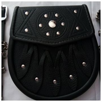 Brand New Celticc Design Black Leather Sporran with S-Chain Kilt & Belt Bagpipe