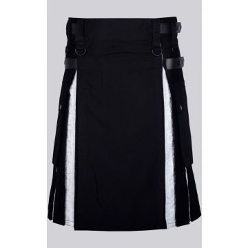 Hybrid Black Cotton Gothic Kilt Skirt with White Brocade Under Pleats