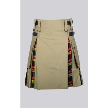 Khaki Cotton Buchanan Tartan Scottish Utility Cargo Hybrid Kilt