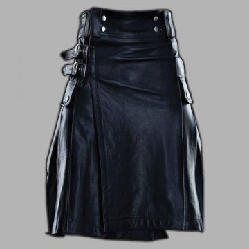 New Stylish Pure Black Leather Kilt
