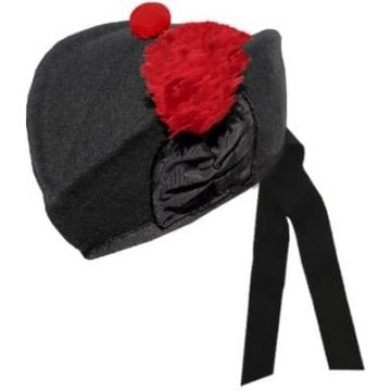Plain Black Scottish Glengarry Cap with Red Pop Pom