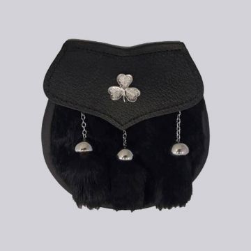 Semi Dress Sporran - Black Rabbit Fur - Shamrock Emblem