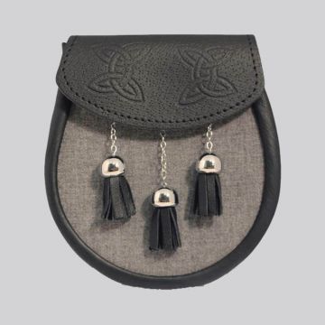 Semi Dress Sporran - Light Grey Wool Front - Celtic Embossed